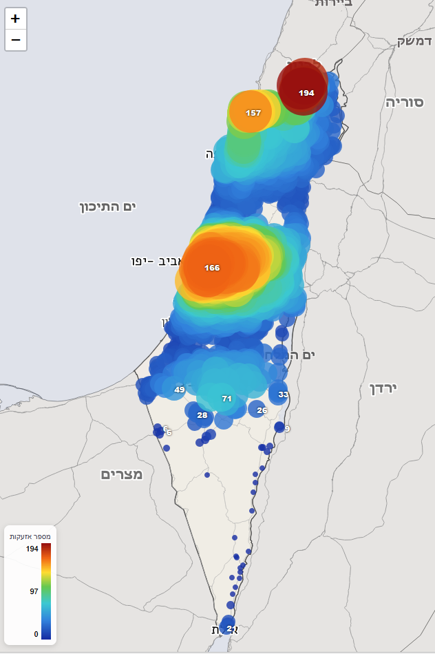Siren alerts heat map in Israel during 2nd Iran war (She'agat HaAri) on the left. And heat map of siren alerts in Israel during the past 24 hours (Source: oct7database.com)