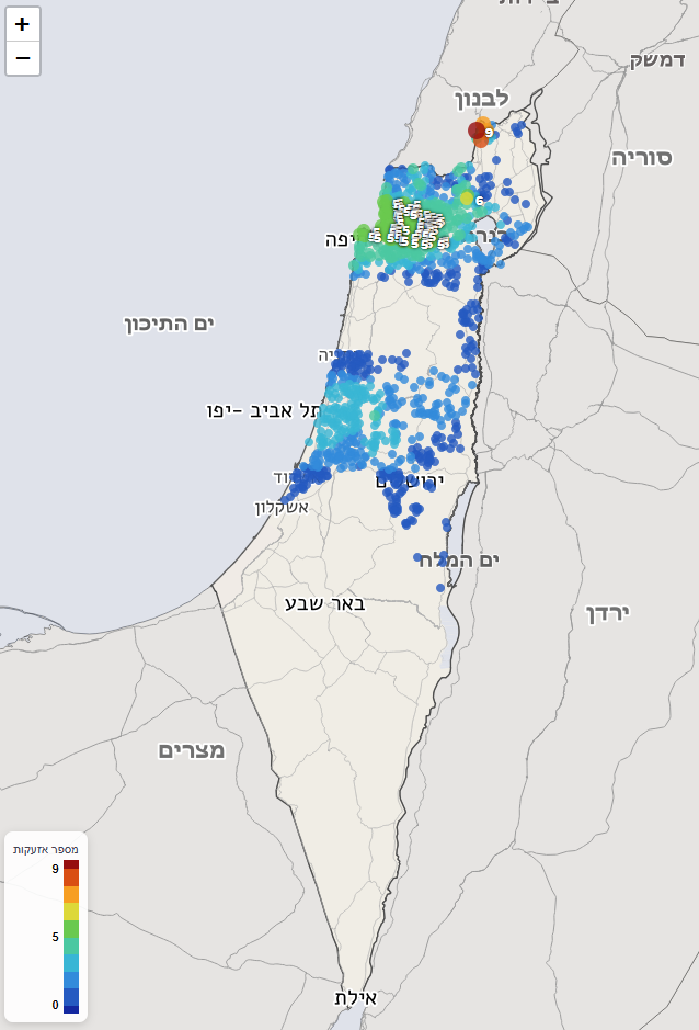 Siren alerts heat map in Israel during 2nd Iran war (She'agat HaAri) on the left. And heat map of siren alerts in Israel during the past 24 hours (Source: oct7database.com)