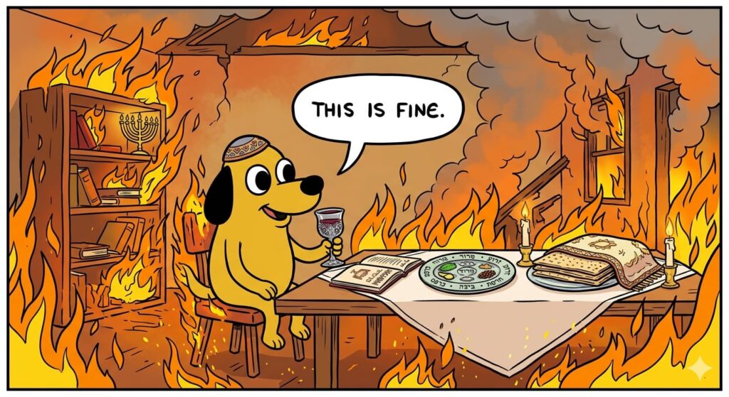 Passover Seder under fire, based on the famous "it's fine" meme - seder under fire