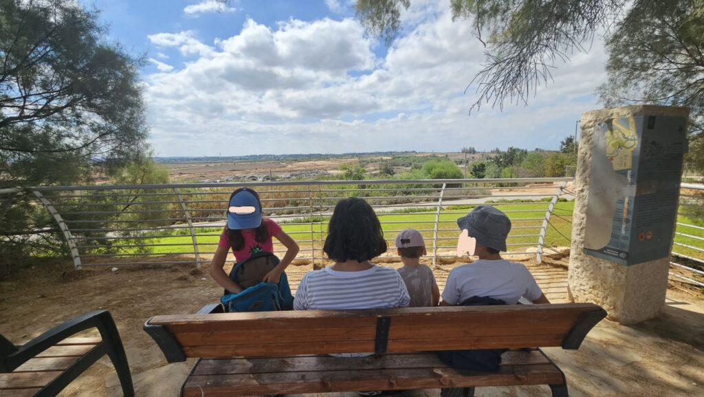 Sitting on a bench on the future talking stone (which did not work)