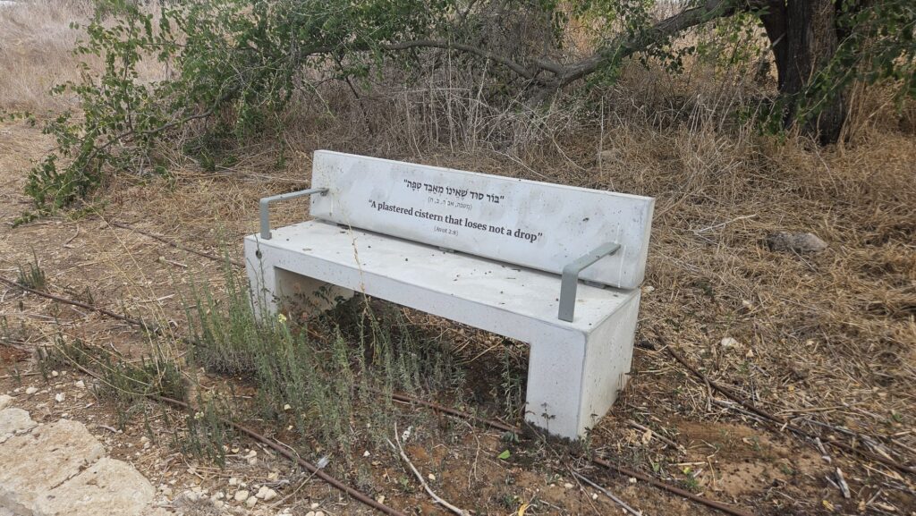 Along the less nice side of the hill, spread benches with quotes from the Talmud